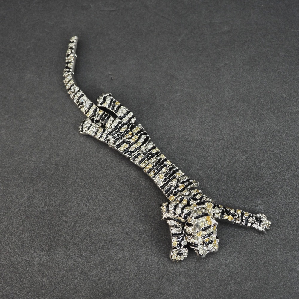 Vintage Tiger Brooch Pin Large Articulated Figural Silver Tone Rhinestone Enamel